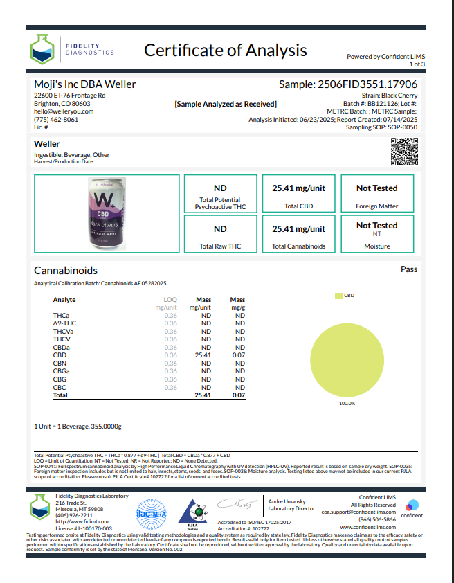 Wellers CBD 25MG Sparkling Water