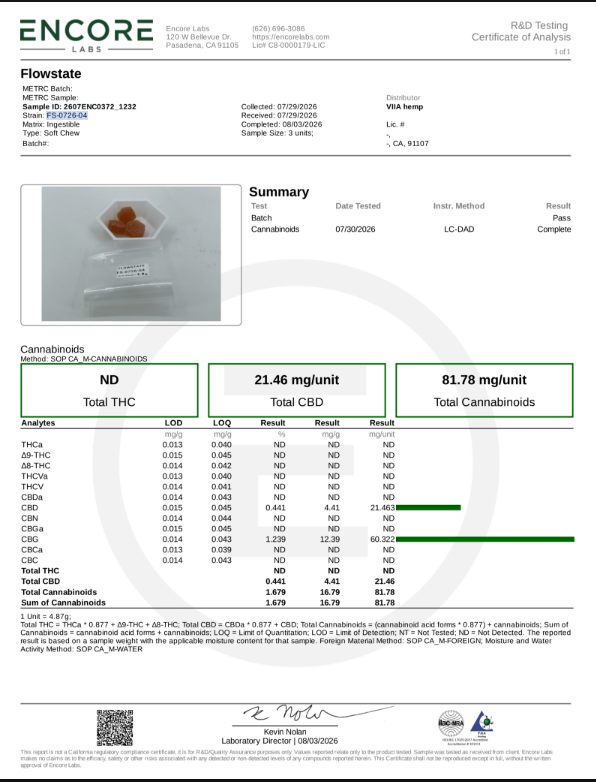 Viia Flow State THC FREE 60MG CBG + 20mg CBD Gummies 20CT